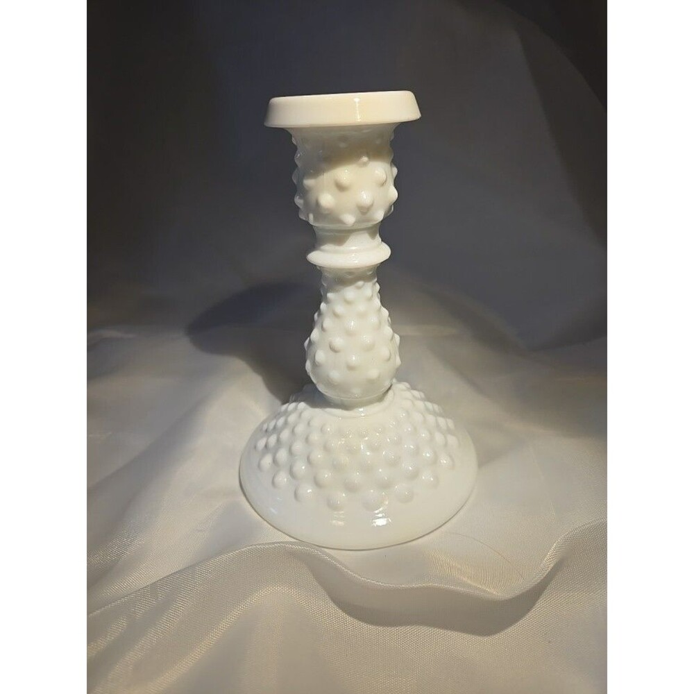 Vintage Fenton Hobnail Candle Holder, White Milk Glass - 6" Tall